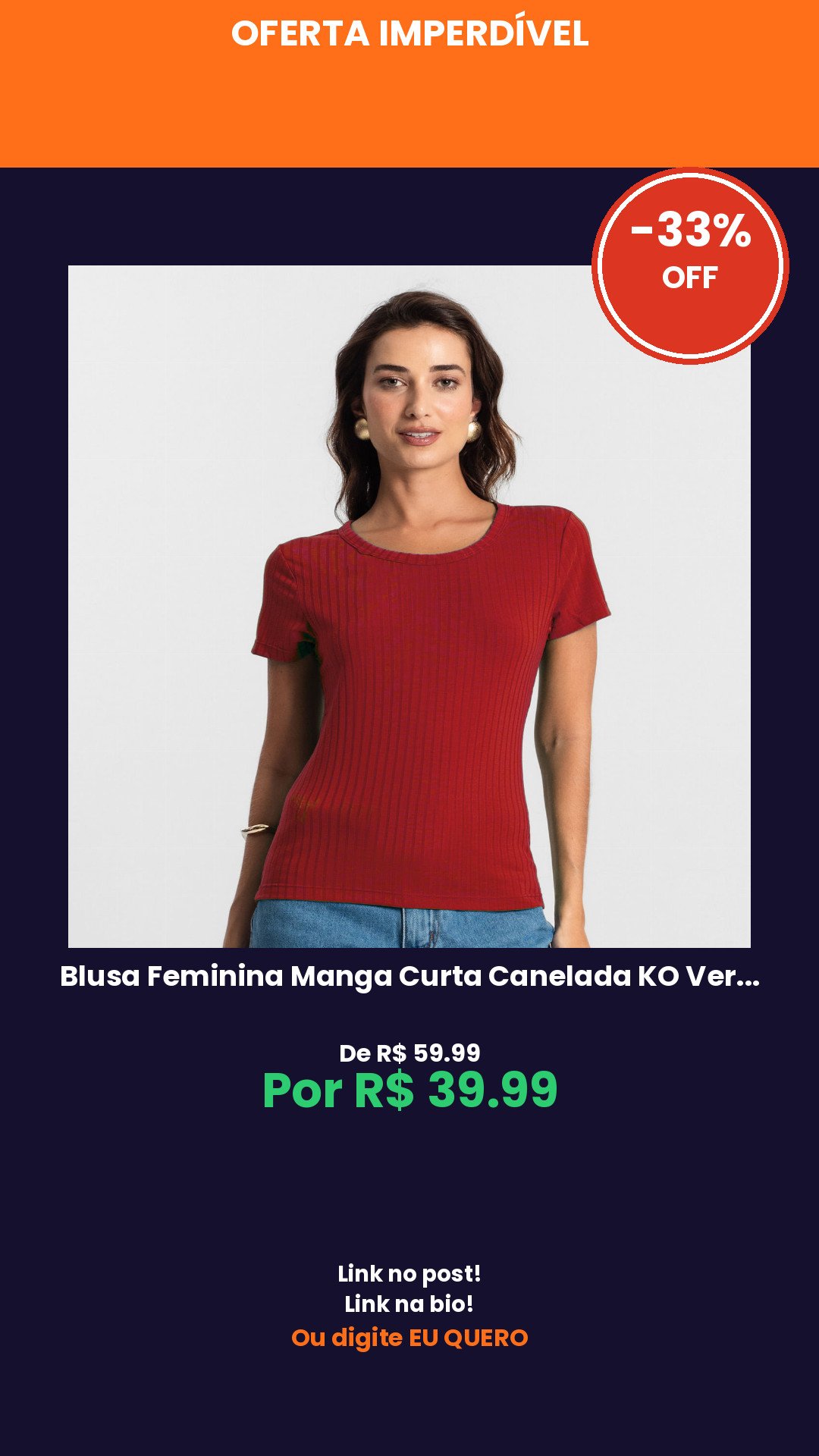 Blusa Feminina Manga Curta Canelada KO Vermelho