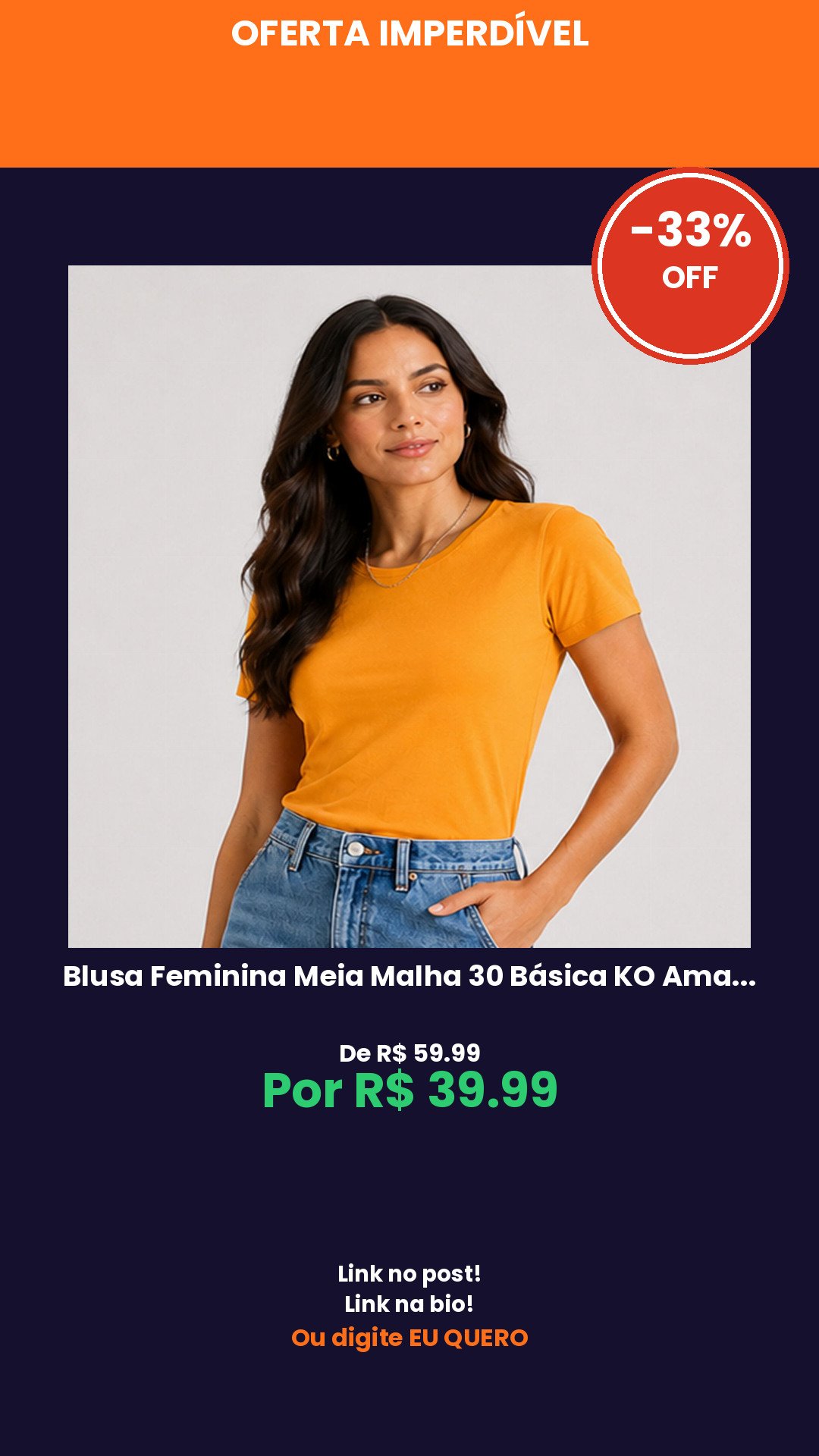 Blusa Feminina Meia Malha 30 Básica KO Amarelo