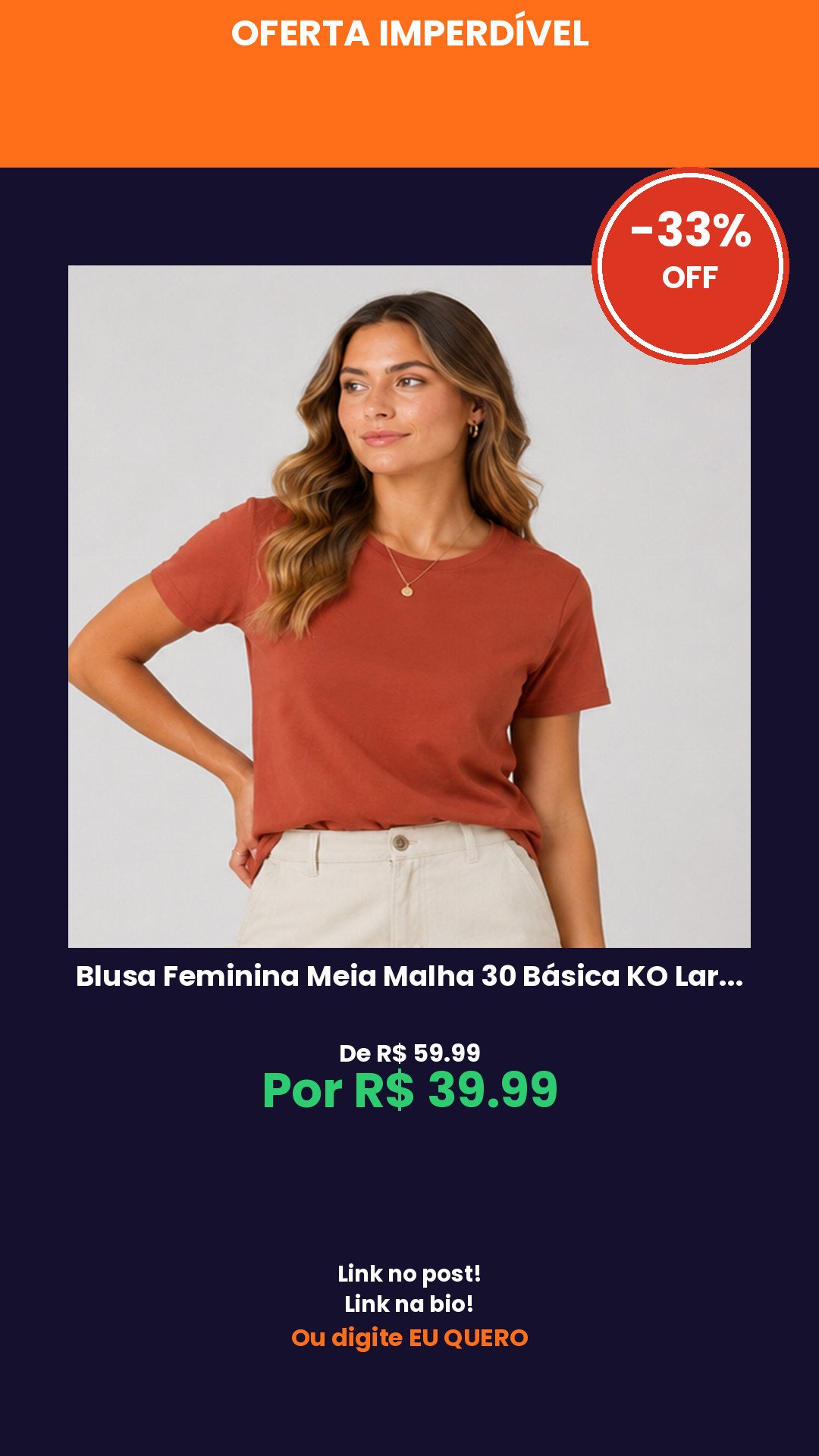 Blusa Feminina Meia Malha 30 Básica KO Laranja