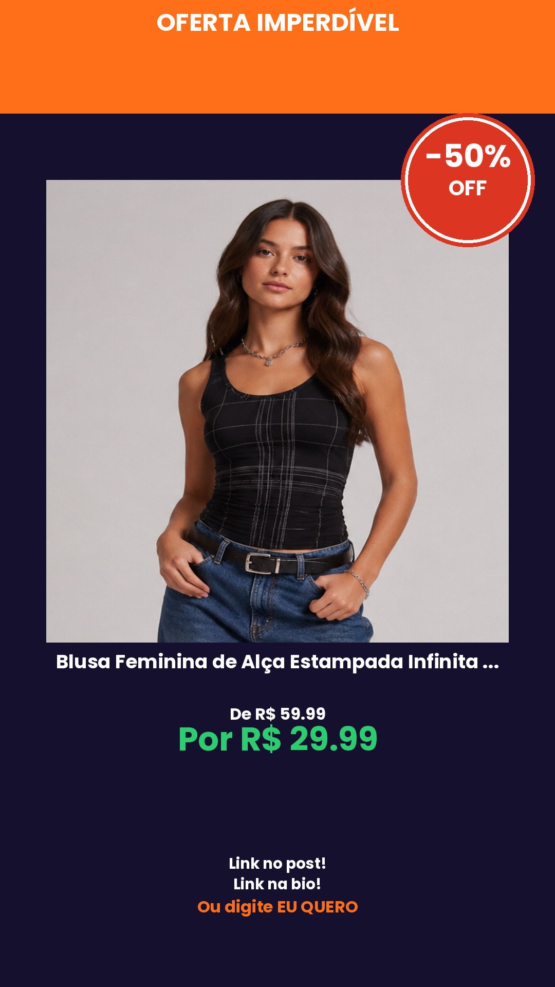 Blusa Feminina de Alça Estampada Infinita Cor Preto