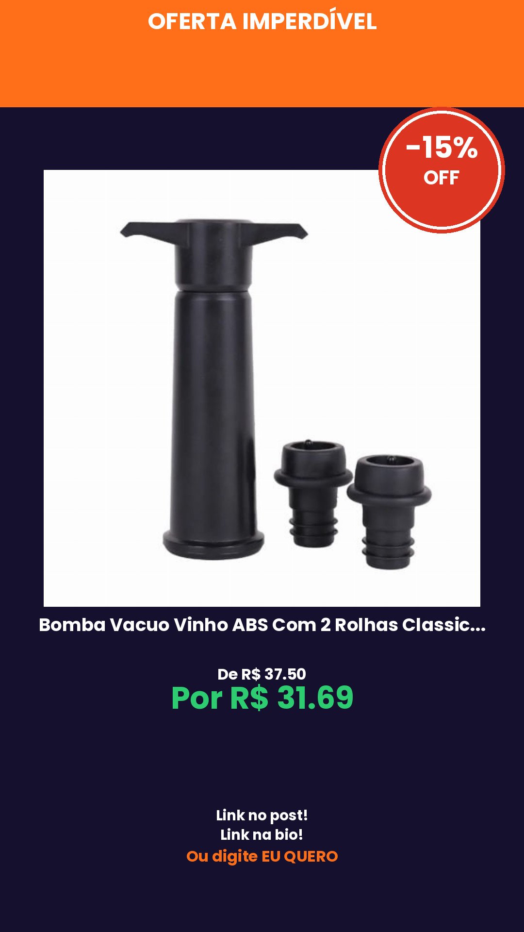 Bomba Vacuo Vinho ABS Com 2 Rolhas Classic Preto Florarte