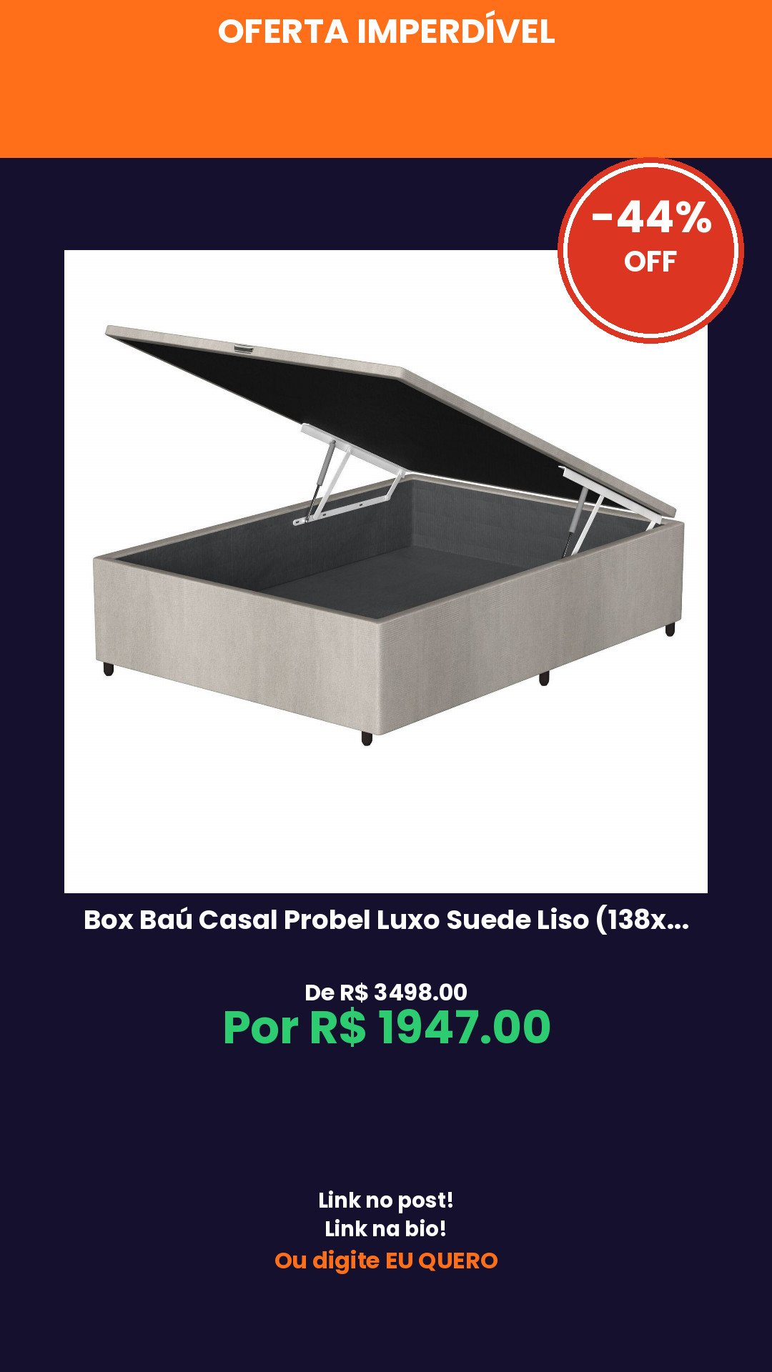 Box Baú Casal Probel Luxo Suede Liso (138x188x40cm)