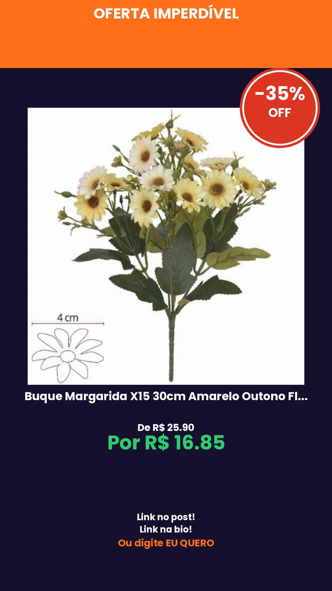 Buque Margarida X15 30cm Amarelo Outono Flor Arte