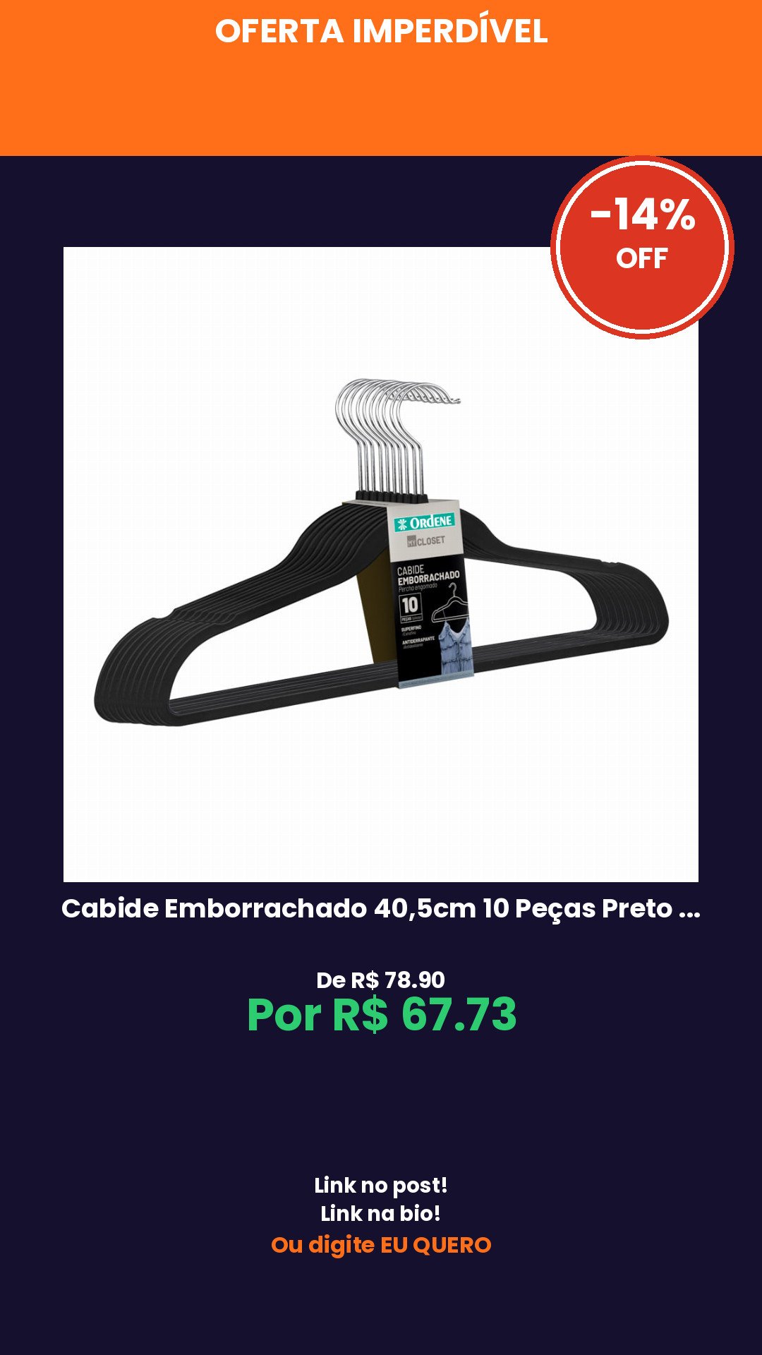 Cabide Emborrachado 40,5cm 10 Peças Preto Ordene